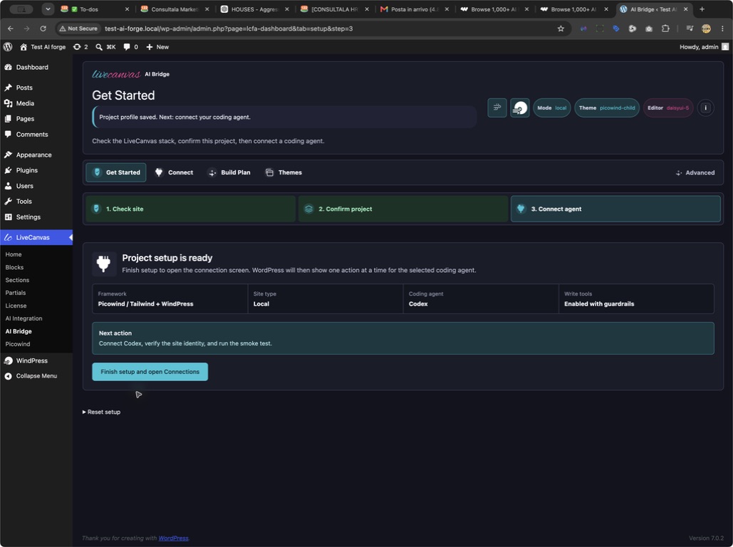 AI Bridge project setup ready screen showing the detected framework, local site and coding agent