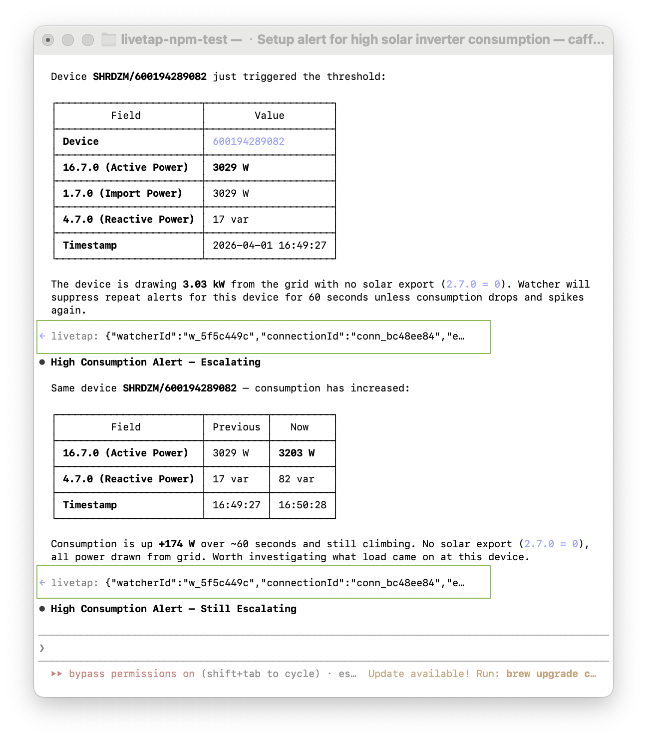 A second alert fires and Claude Code autonomously compares previous and current values, noting consumption increased by 174W and is still climbing. It formats a comparison table and recommends investigation.
