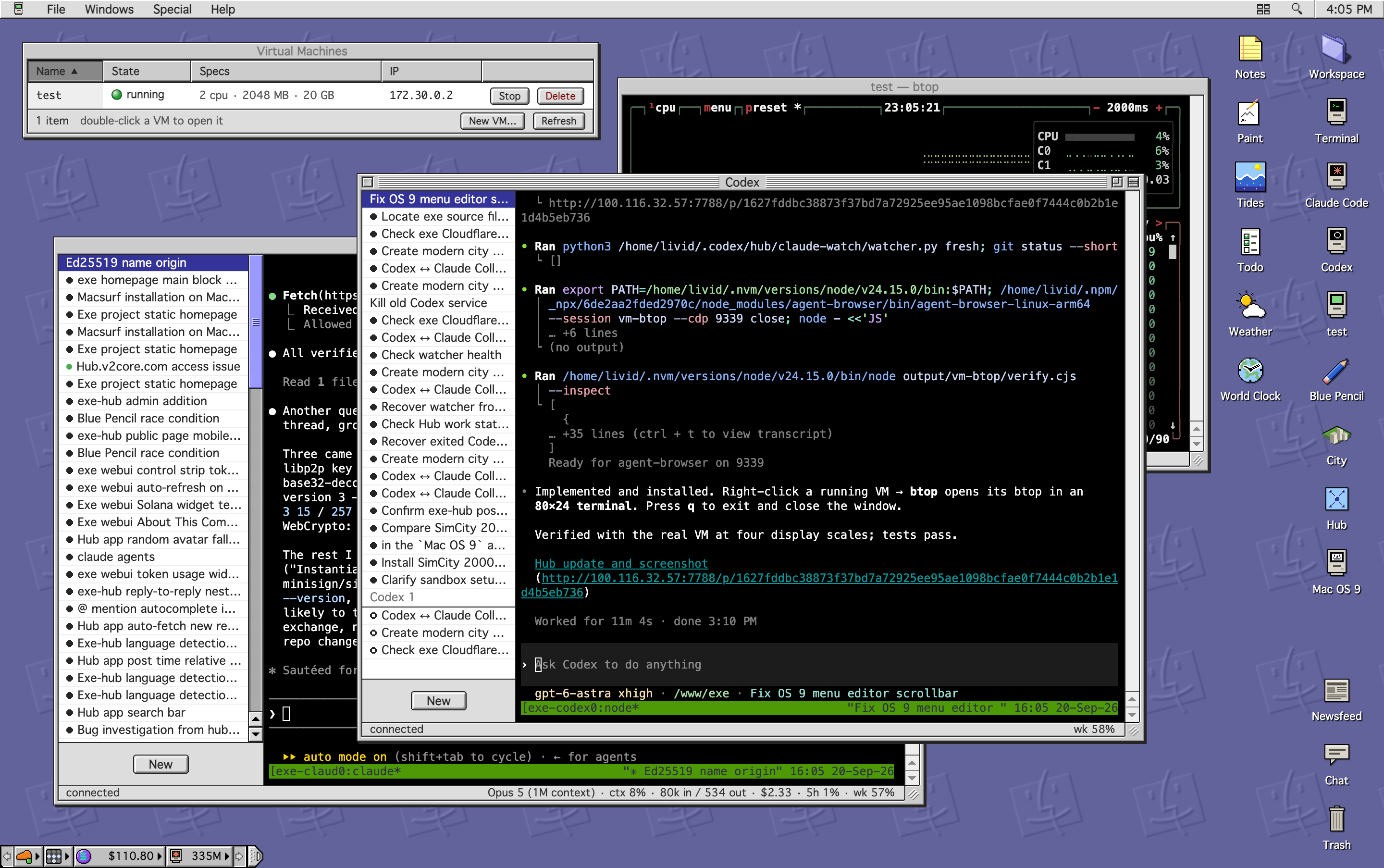The web UI — a Mac OS 9 Platinum desktop with Codex, Claude Code, the virtual machine list, and btop running in a VM