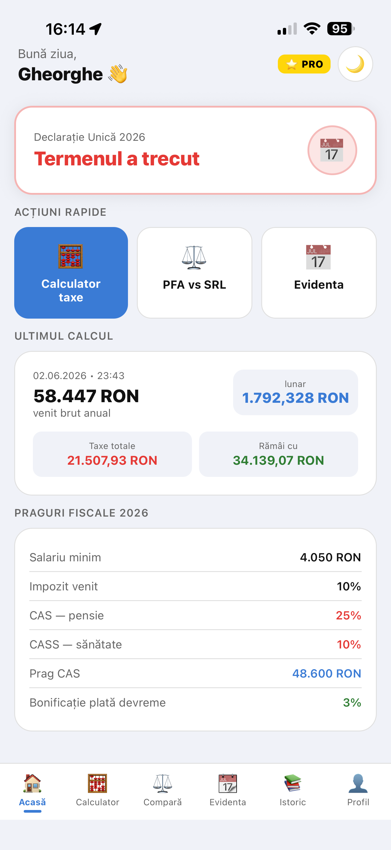 Ecranul Acasă din DeclaRoPFA, cu zilele rămase până la termenul fiscal și acțiuni rapide