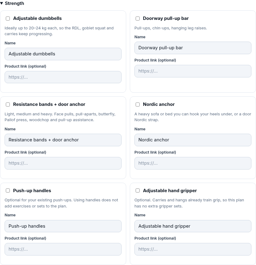 Equipment names and links in Settings