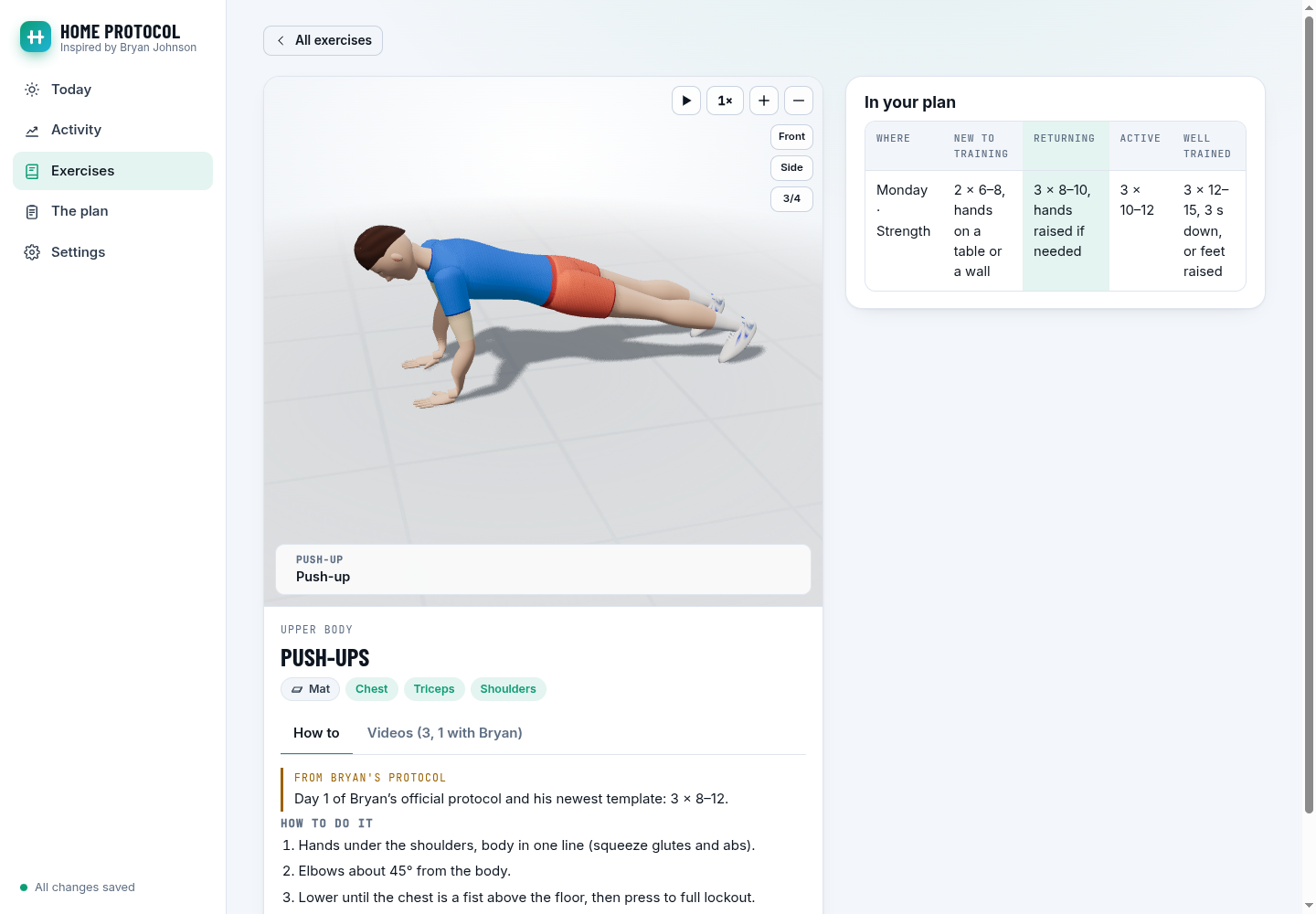 An exercise page with its animation, steps and videos