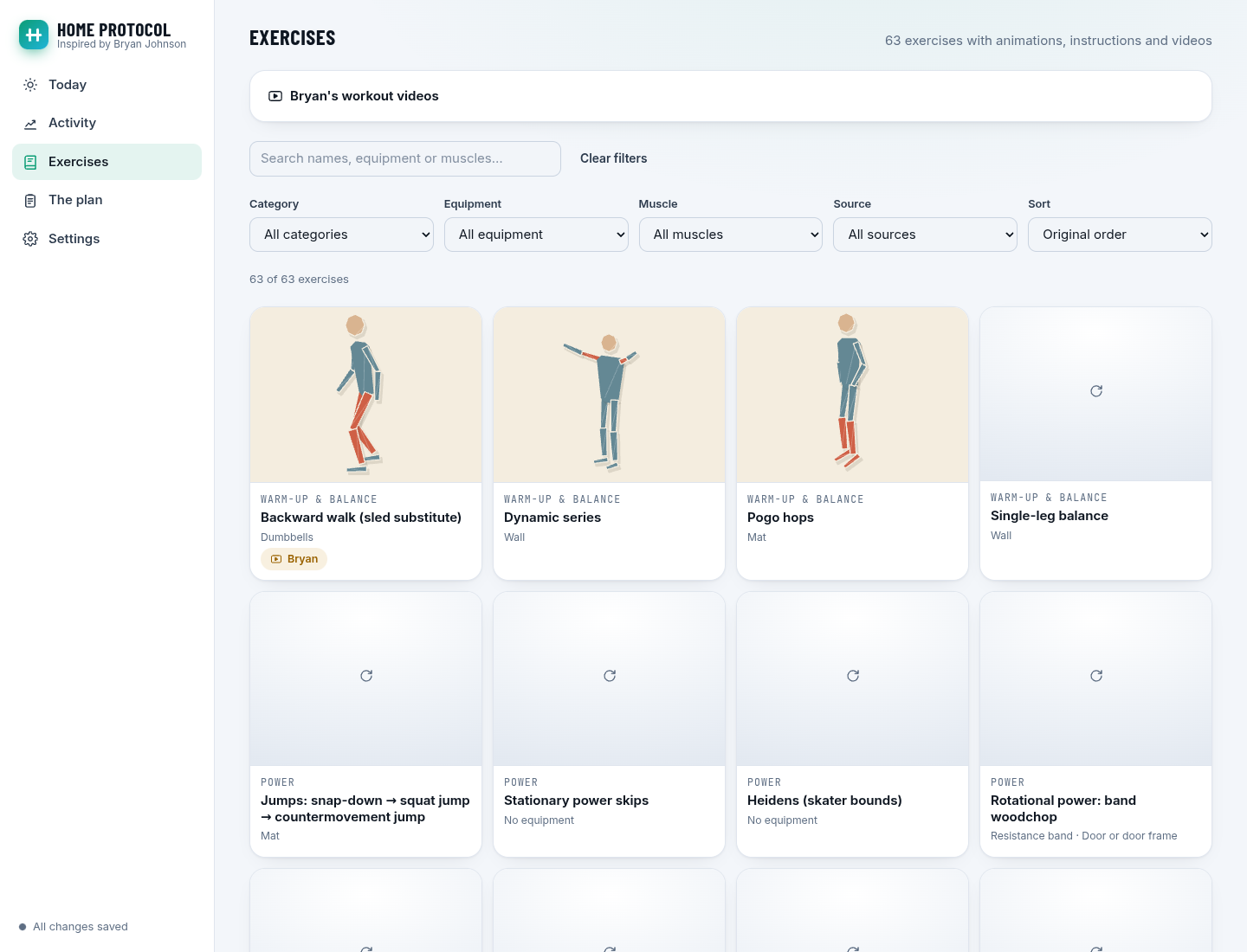 The exercise library filtered by equipment, with muscle, source and sorting options