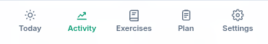 Mobile bottom navigation: Today, Activity, Exercises, Plan and Settings