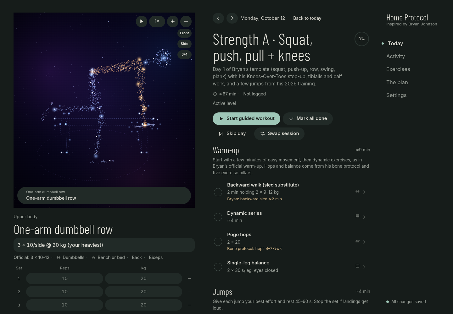 Dark room theme with Stardust animation: the figure on the left, the session in the middle, navigation on the right