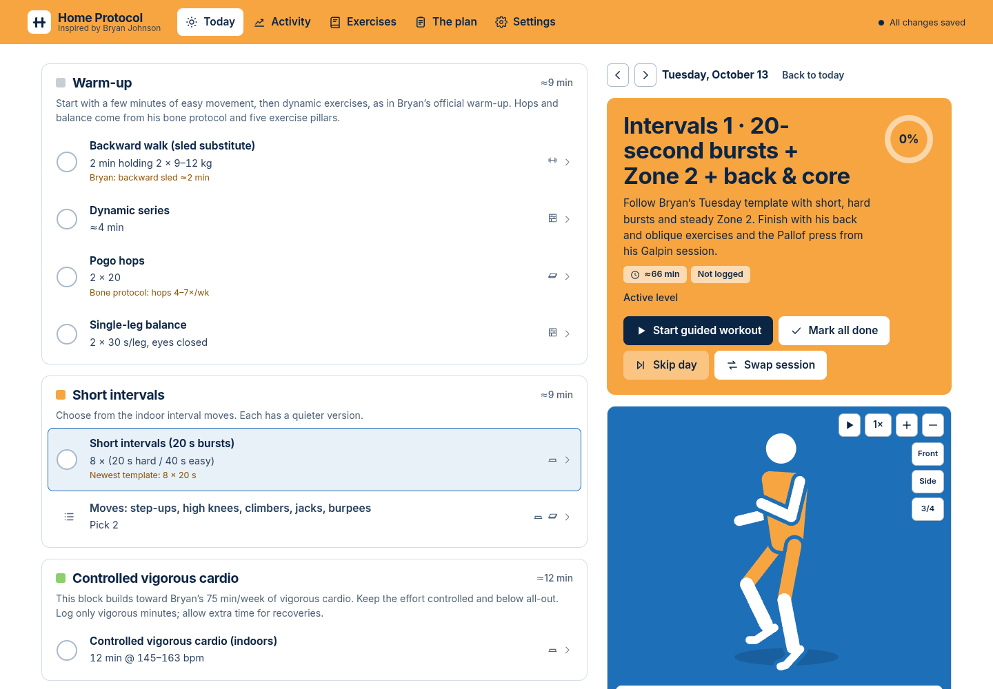 Olympia theme with Pictogram animation: an orange header and hero on an intervals day, the list on the left