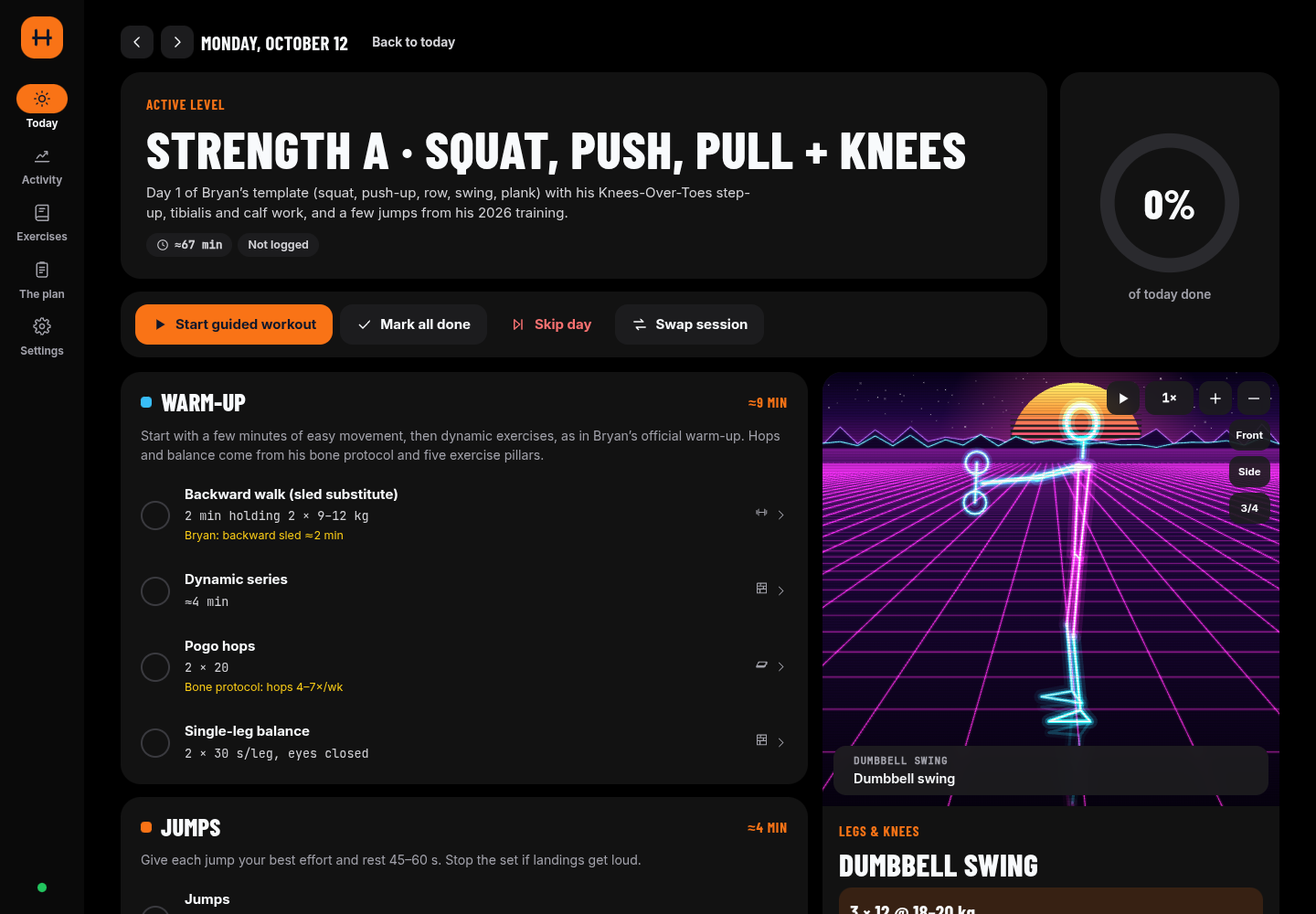 Pulse theme with Synthwave animation: icon rail, bento tiles and a big progress ring on black