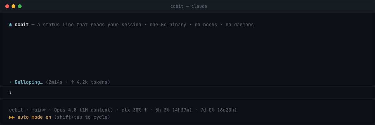 ccbit — a status line that reads your session. One coding turn narrated by Bit: working in cyan, a build failure with a table-flip face, recovery with "Build green again.", a done summary with files edited and tests passed, idle with alerts from other sessions — ending on all 8 states: working, agents running, waiting on you, failed, done, done-recovered, stopped, idle.