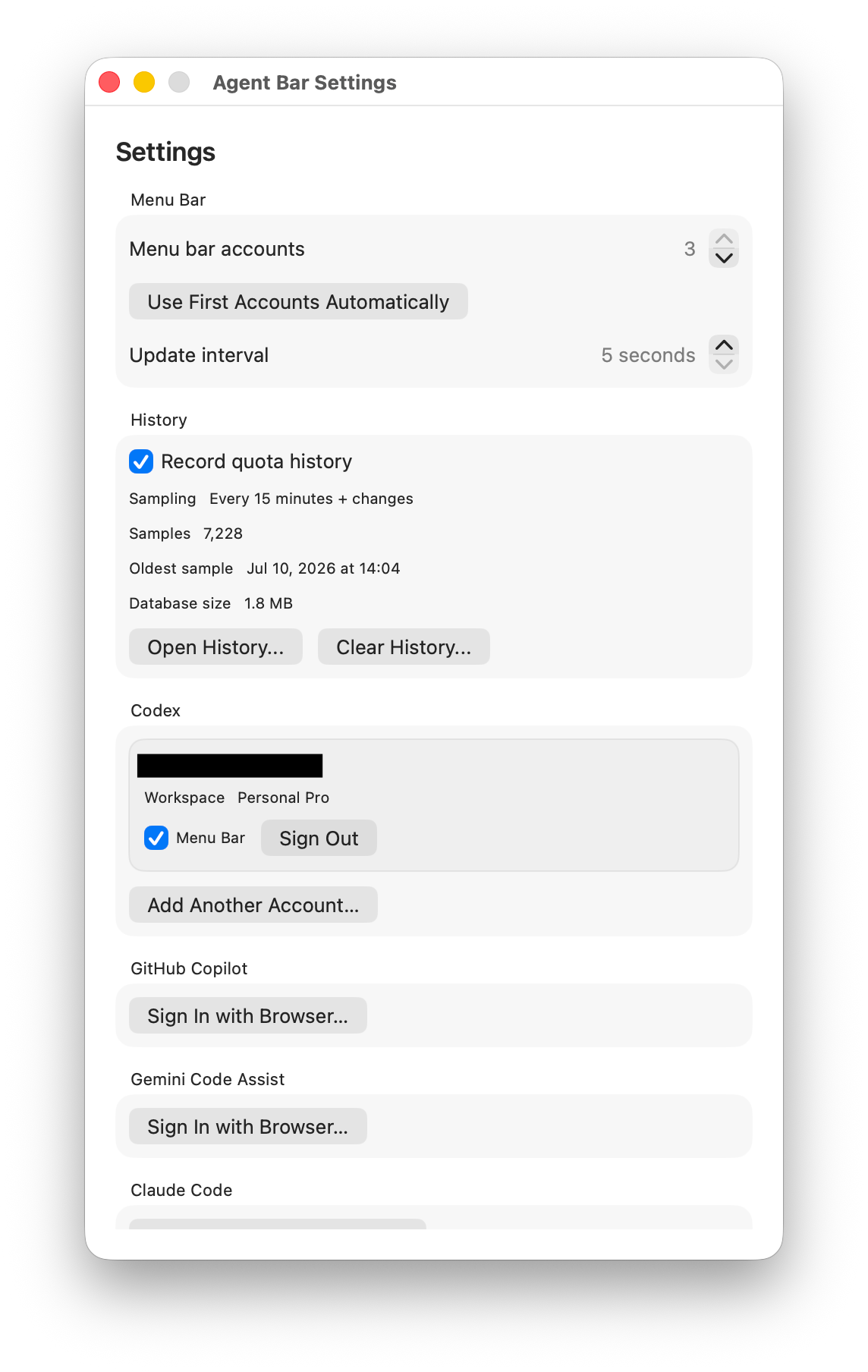 AgentBar settings window