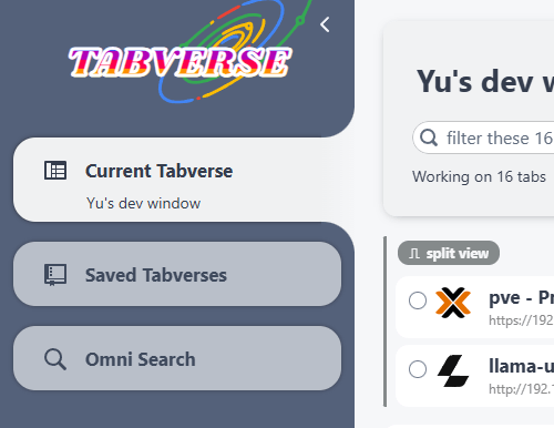 Tabverse's sidebar: the current tabverse, saved tabverses and omni search
