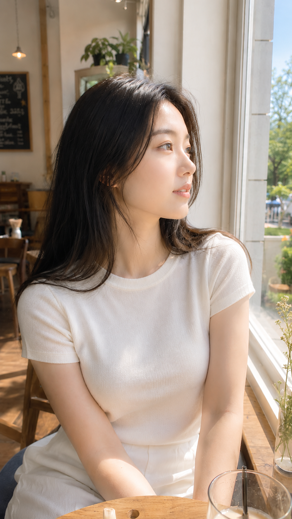 Sunlit clean lifestyle portrait by a cafe window