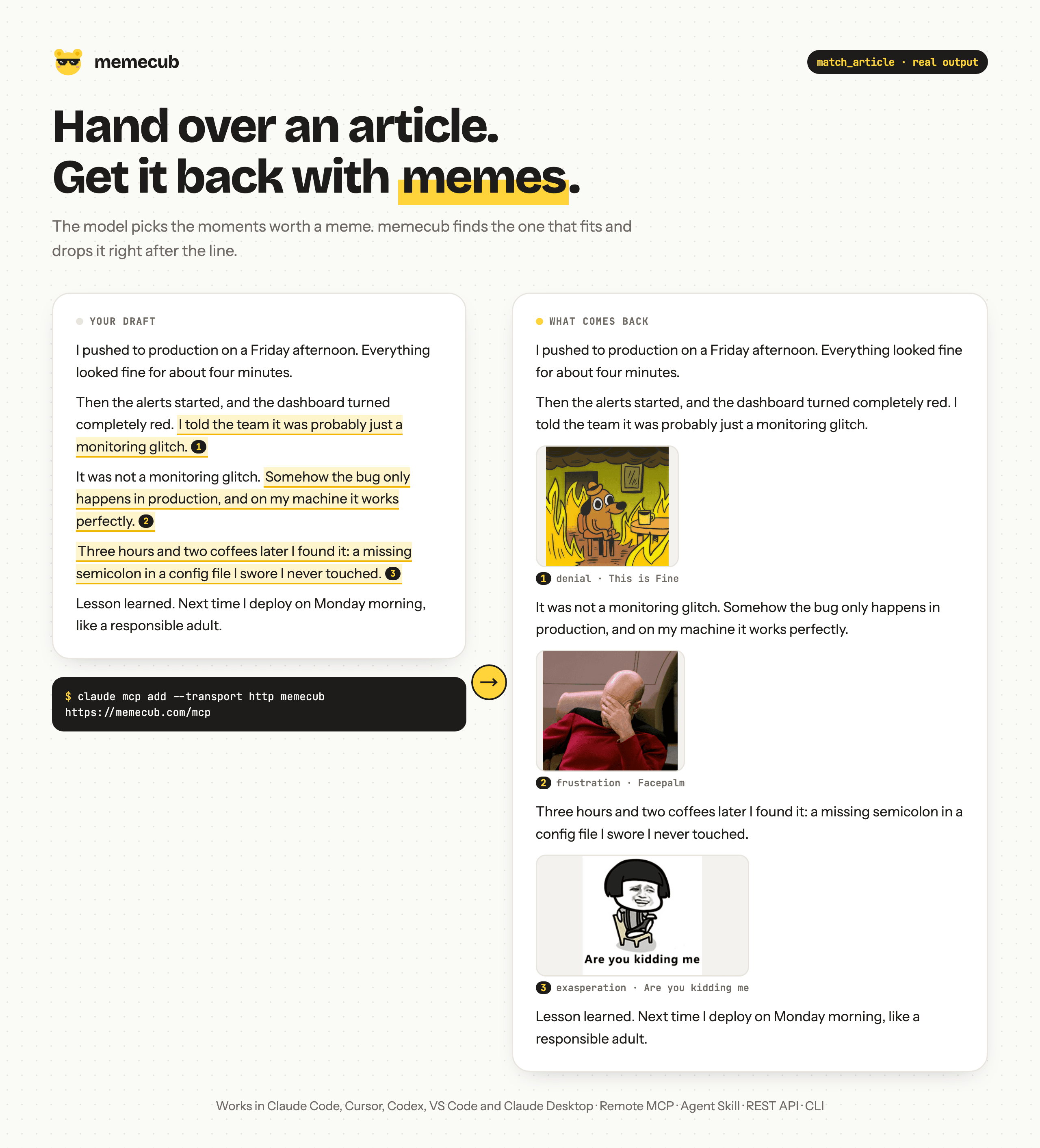 Paste an article, get it back with memes: real output of match_article
