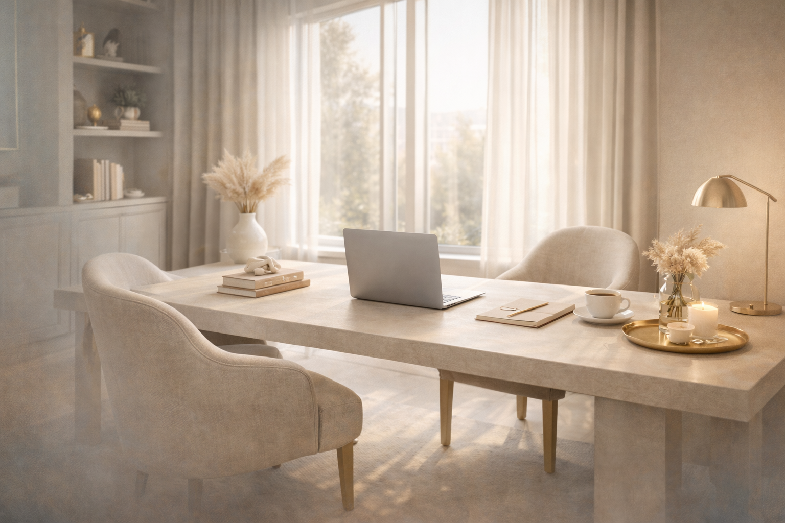 Luxury home office with desk and chairs