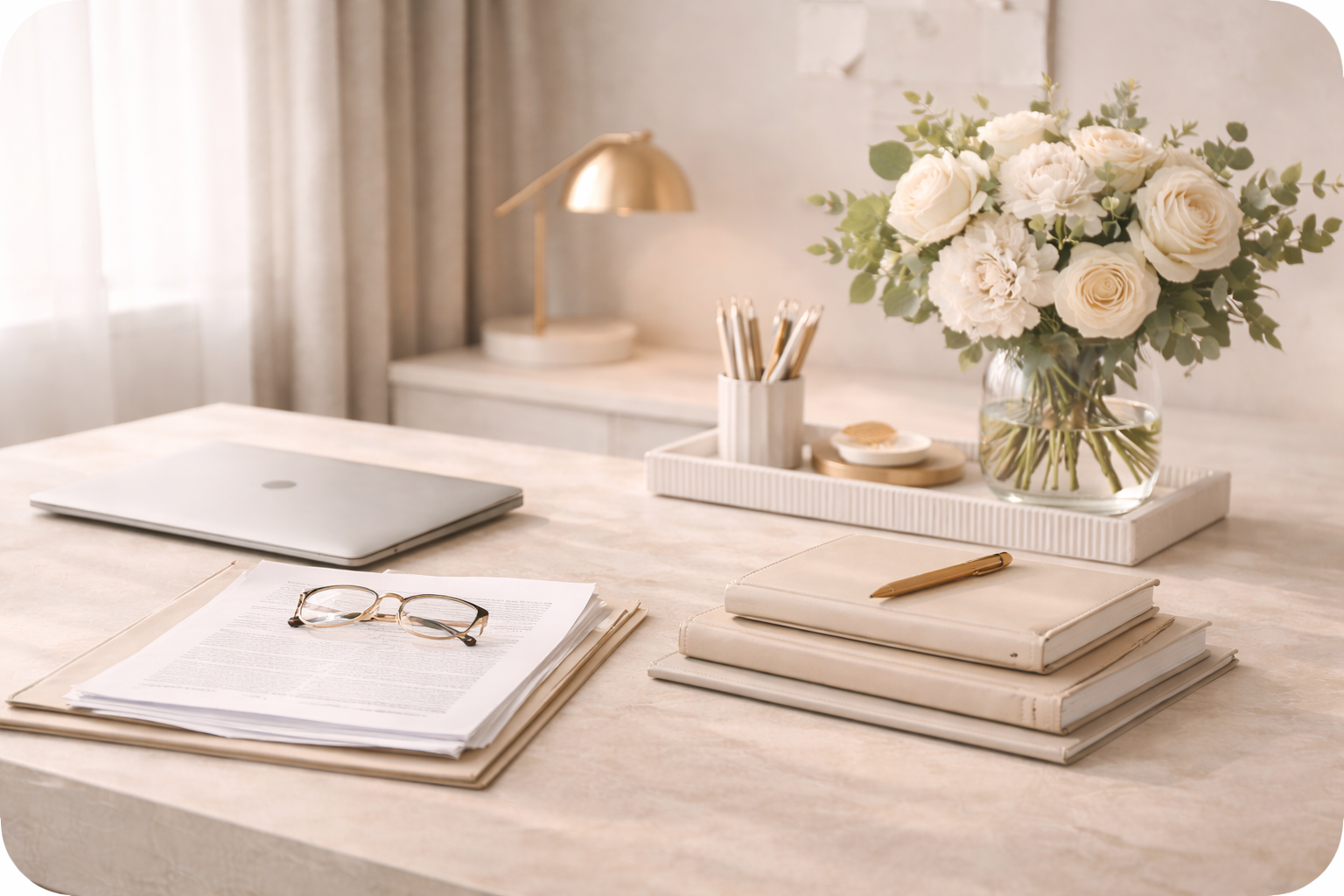 Refined desk with planner and notebook