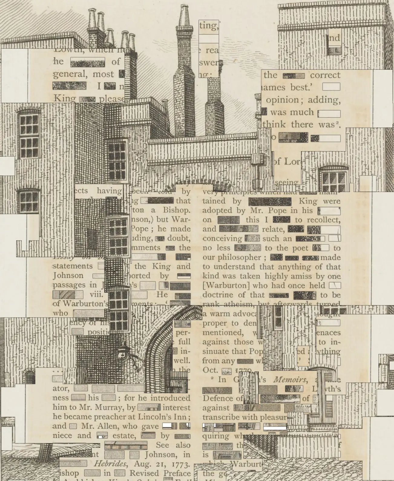 Drawing of a castle with visible text cutting through