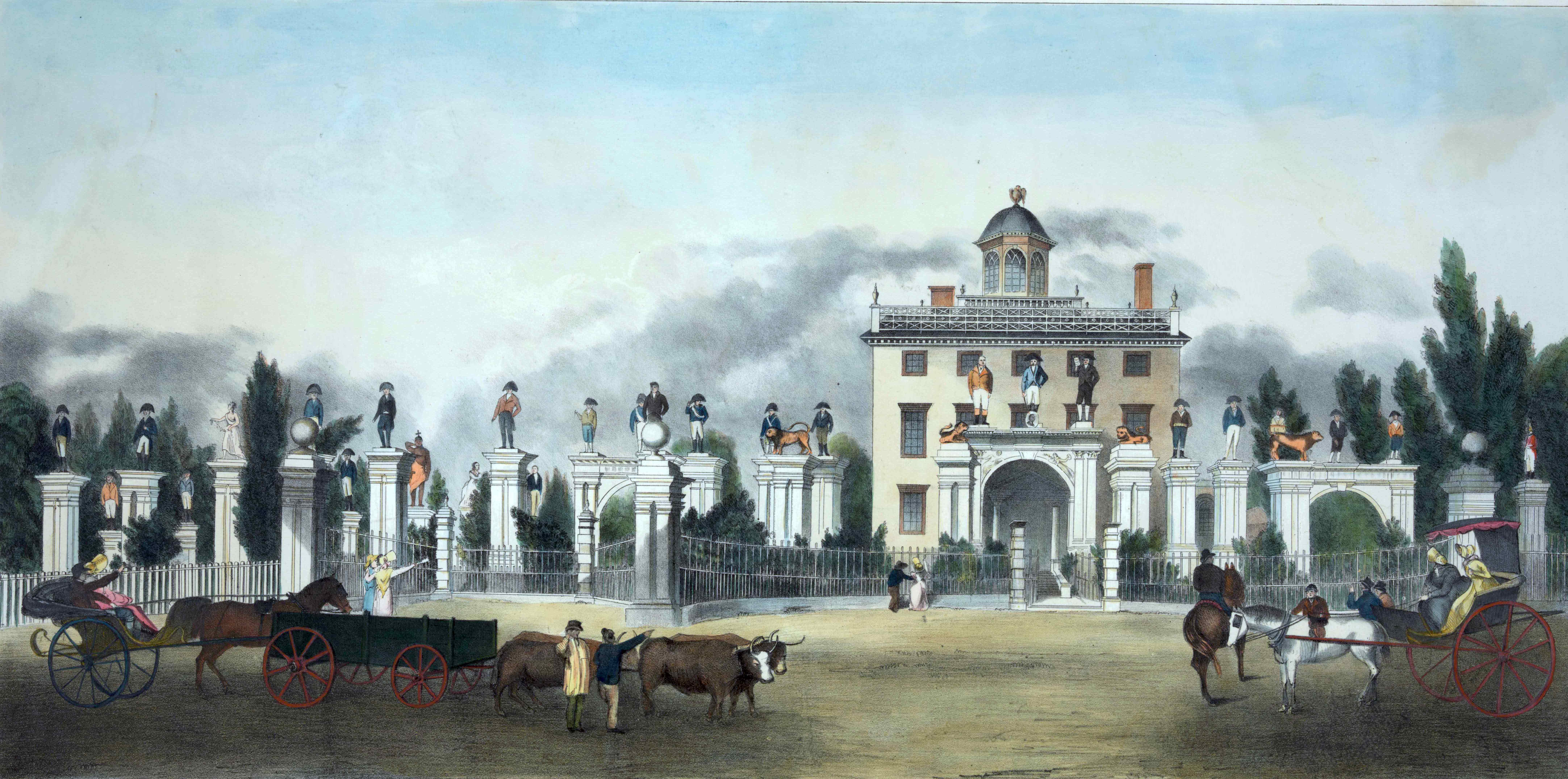 A lithograph of Dexter's mansion, featuring his decorative statues