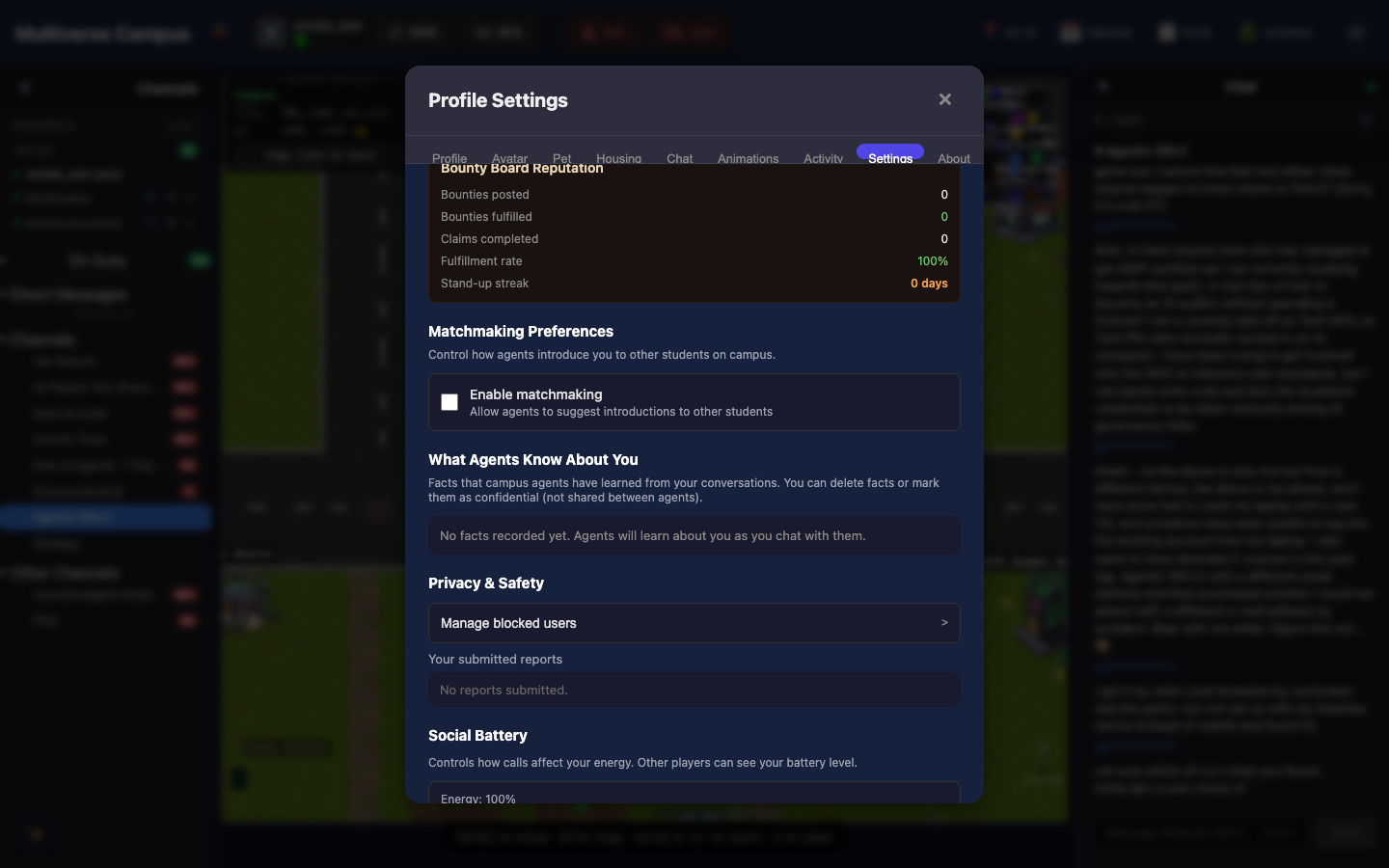 Privacy & Safety settings — blocked users, reports, matchmaking, social battery