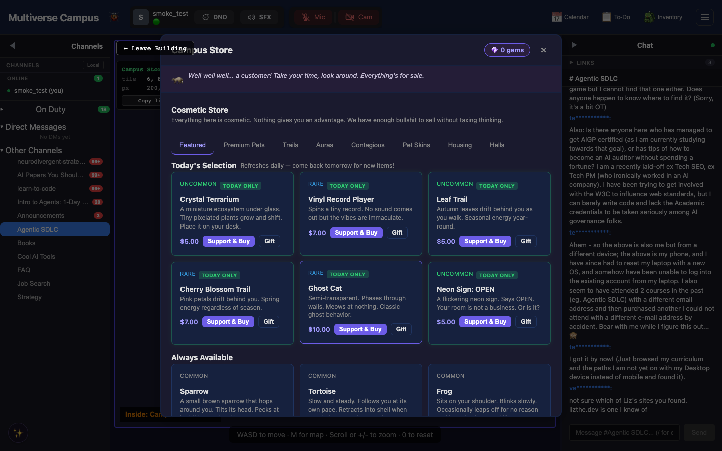 The Campus Store — cosmetic items, daily rotation, and zero-margin gem pricing