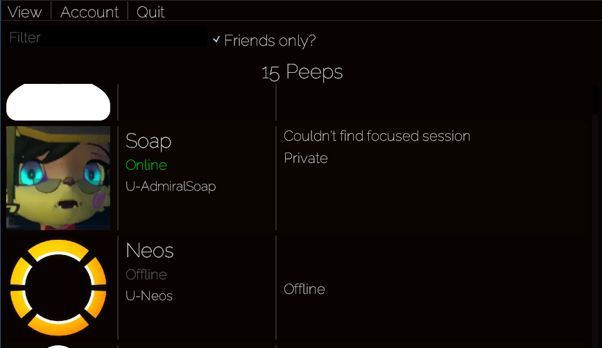 Screenshot of friends list