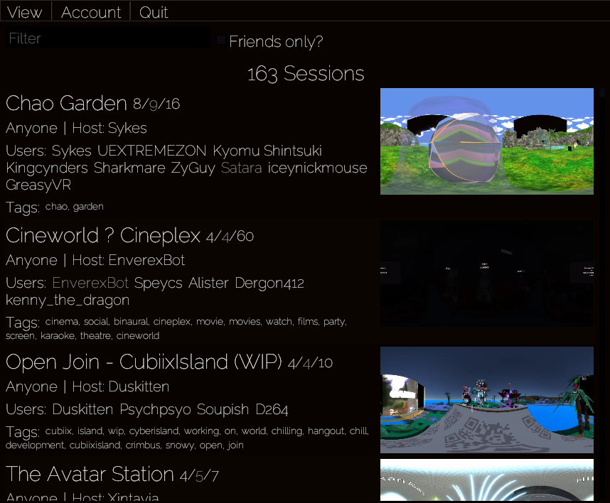Screenshot of sessions list