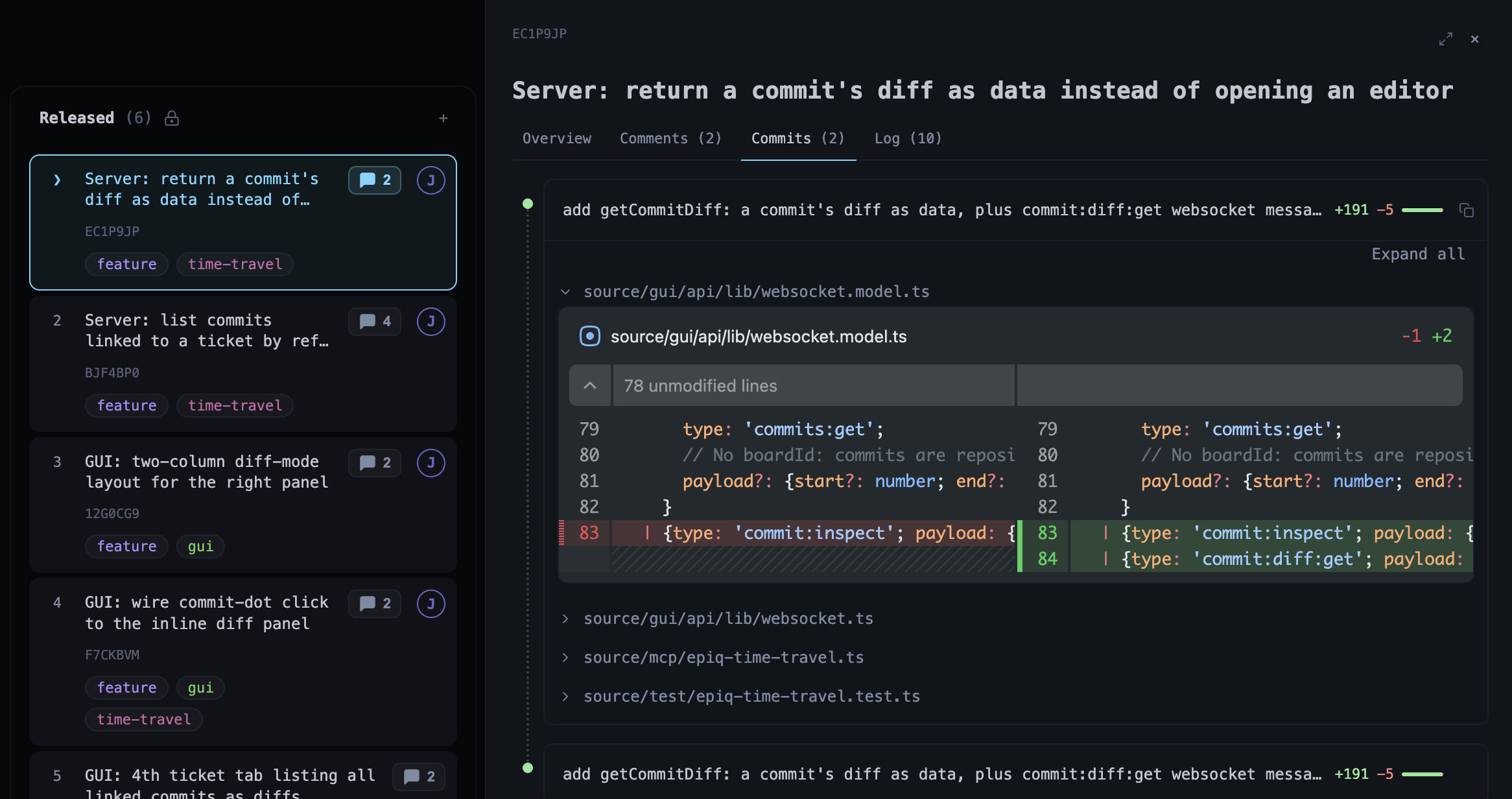 A ticket's Commits tab, showing the diff of a linked commit