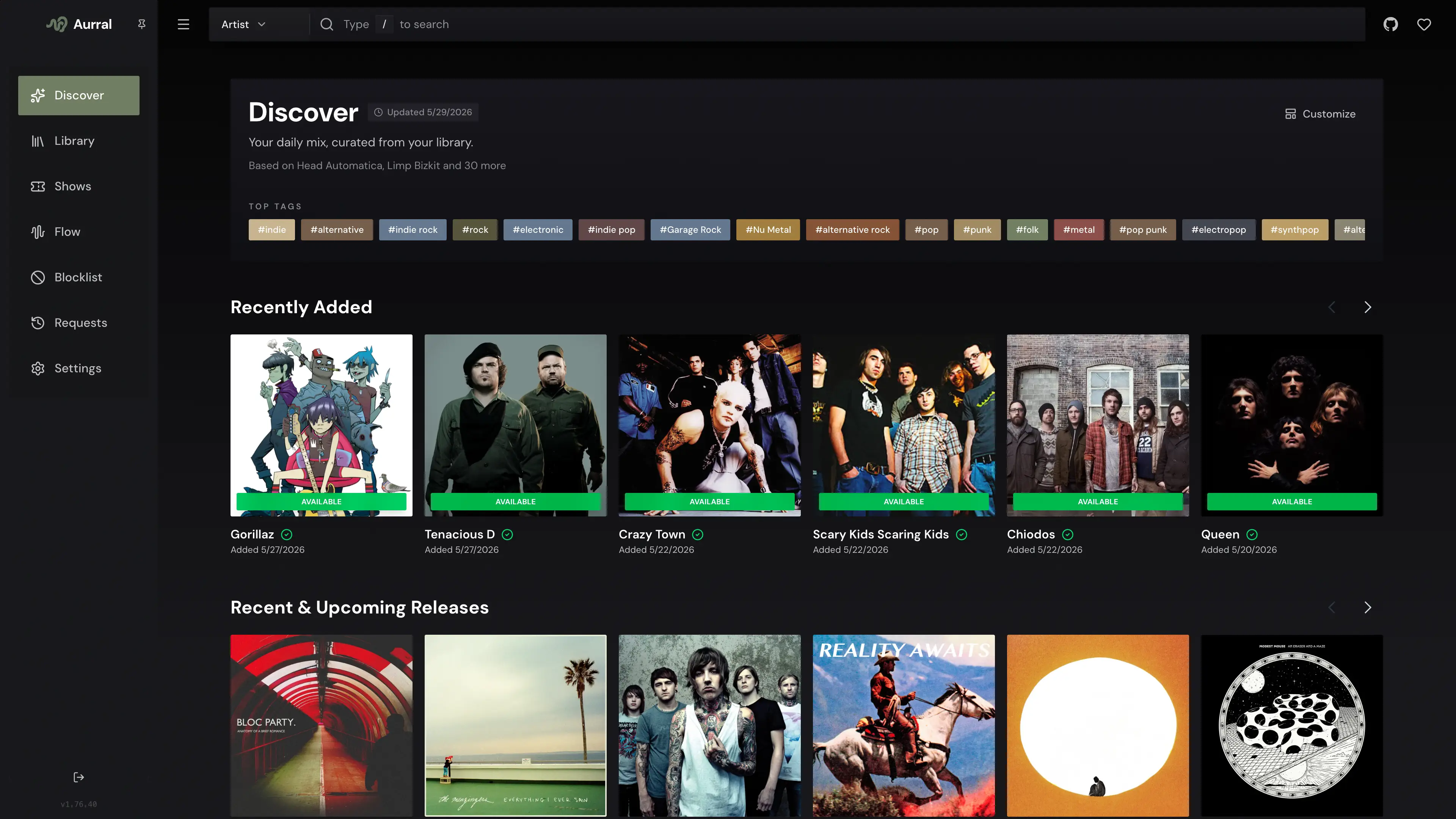 Aurral Discover page