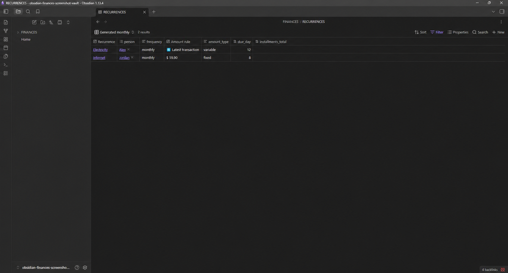 Recurrence database with fixed and variable monthly expenses