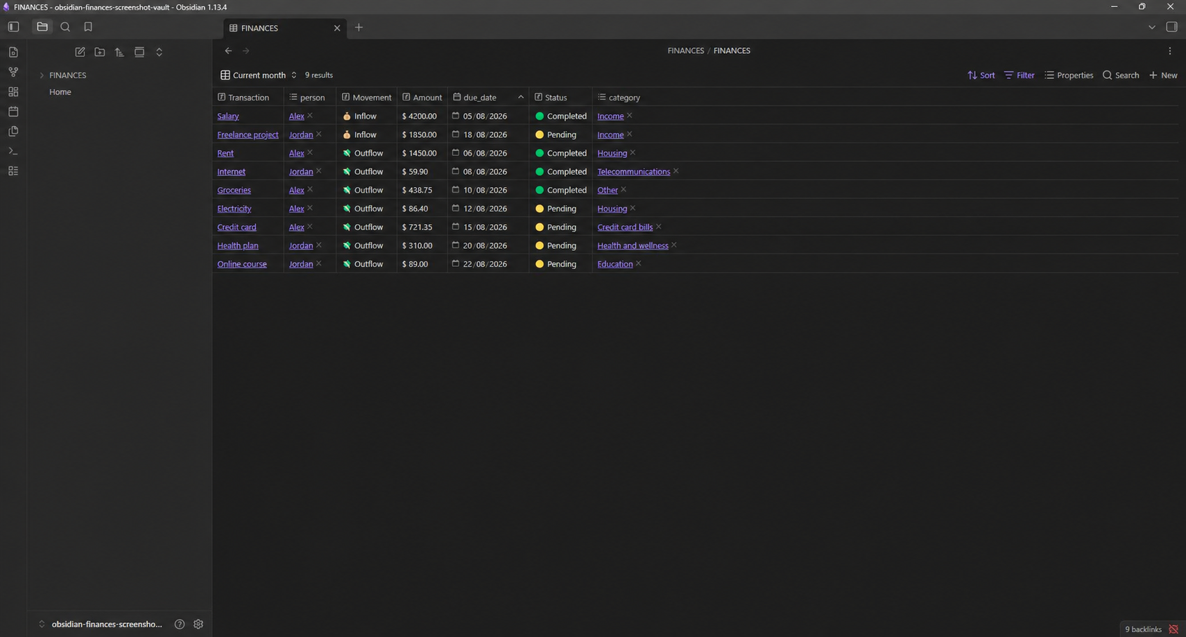 Finance database showing fictitious transactions