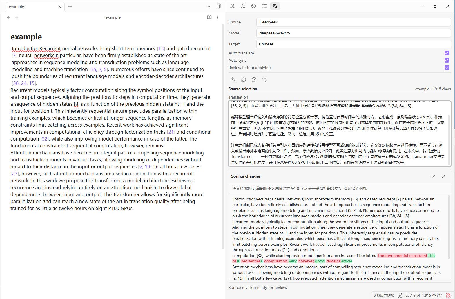 Parallel Translator translating and reviewing a scientific Markdown passage in Obsidian