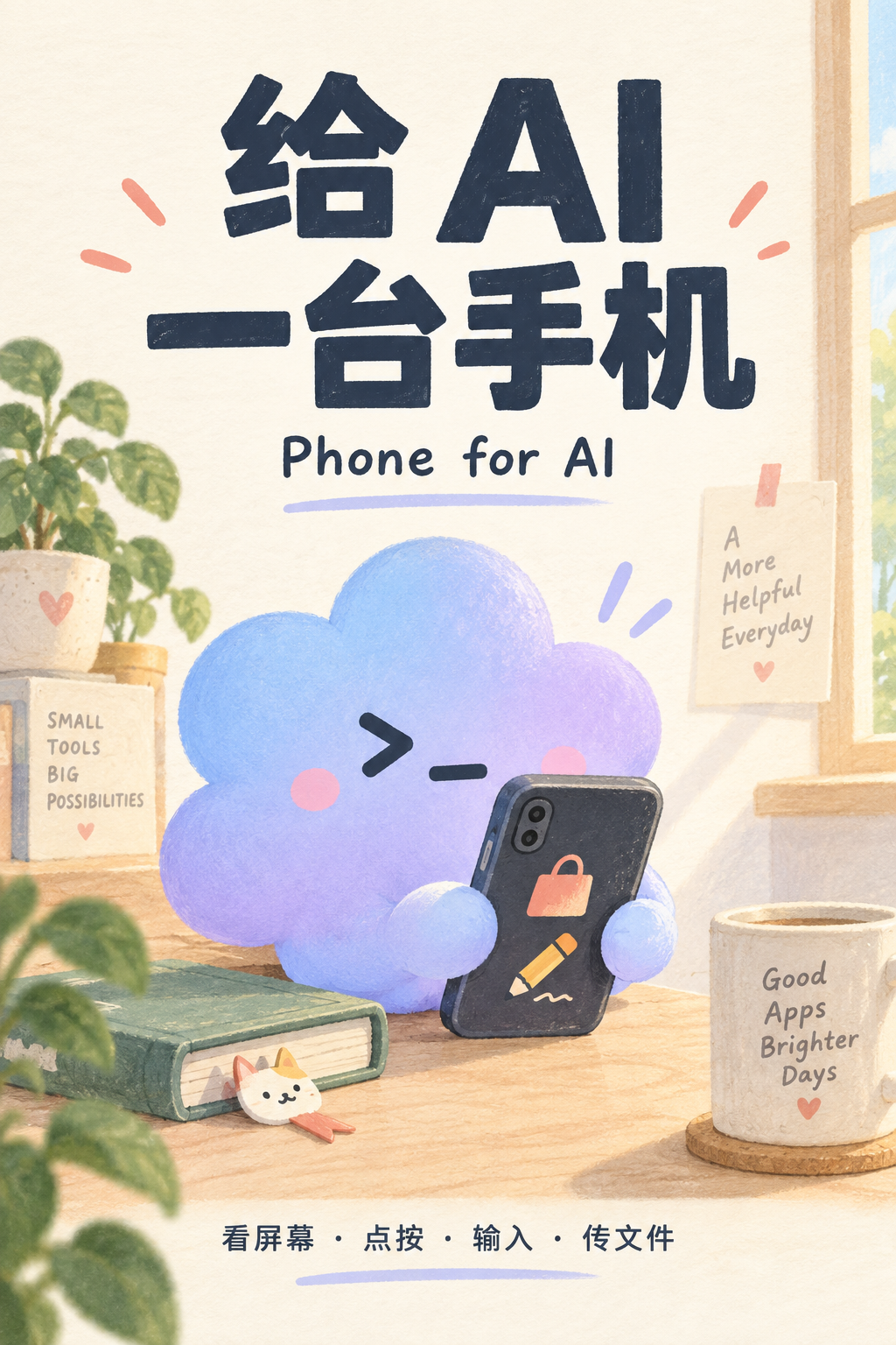 奶蓝紫小云抱着手机，桌上放着一本夹了猫咪书签的书。标题：给 AI 一台手机。