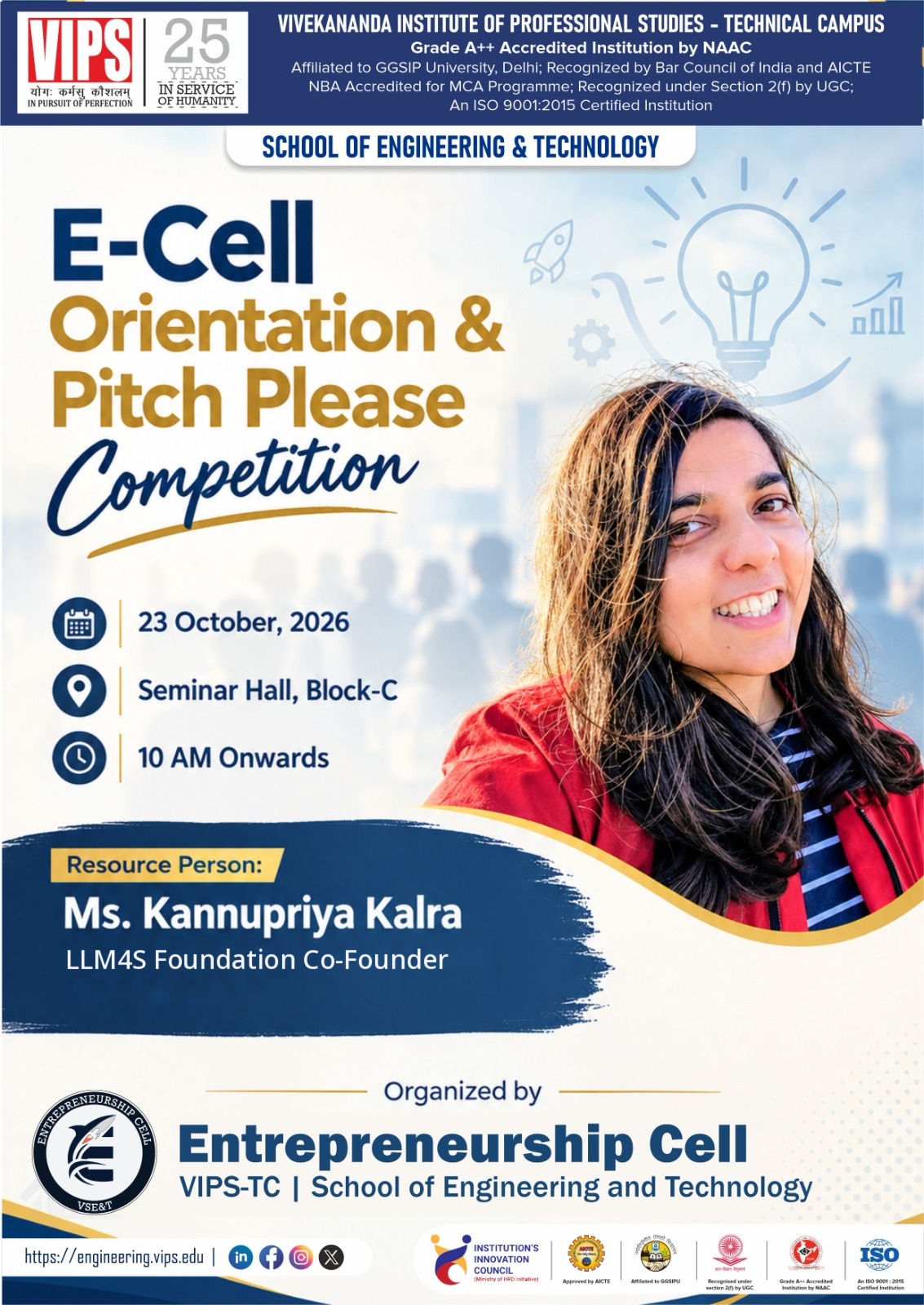 VIPS-TC E-Cell Orientation 2026 event poster featuring Kannupriya Kalra