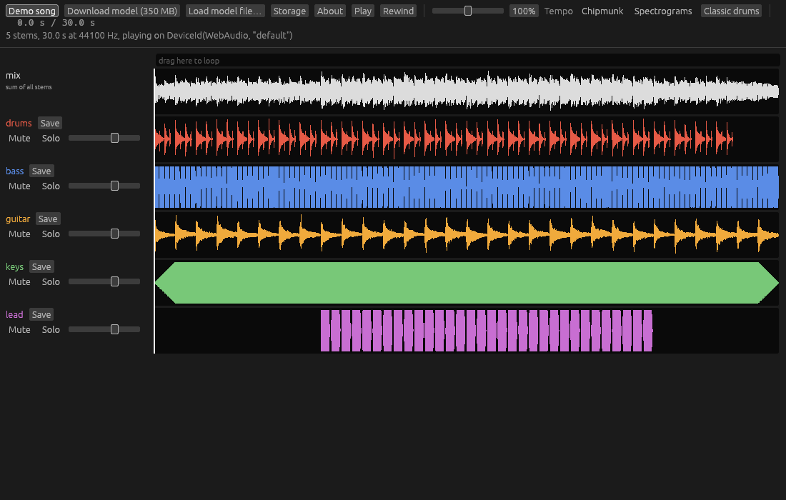 The demo song in Stemyla: a mix lane and five stem lanes