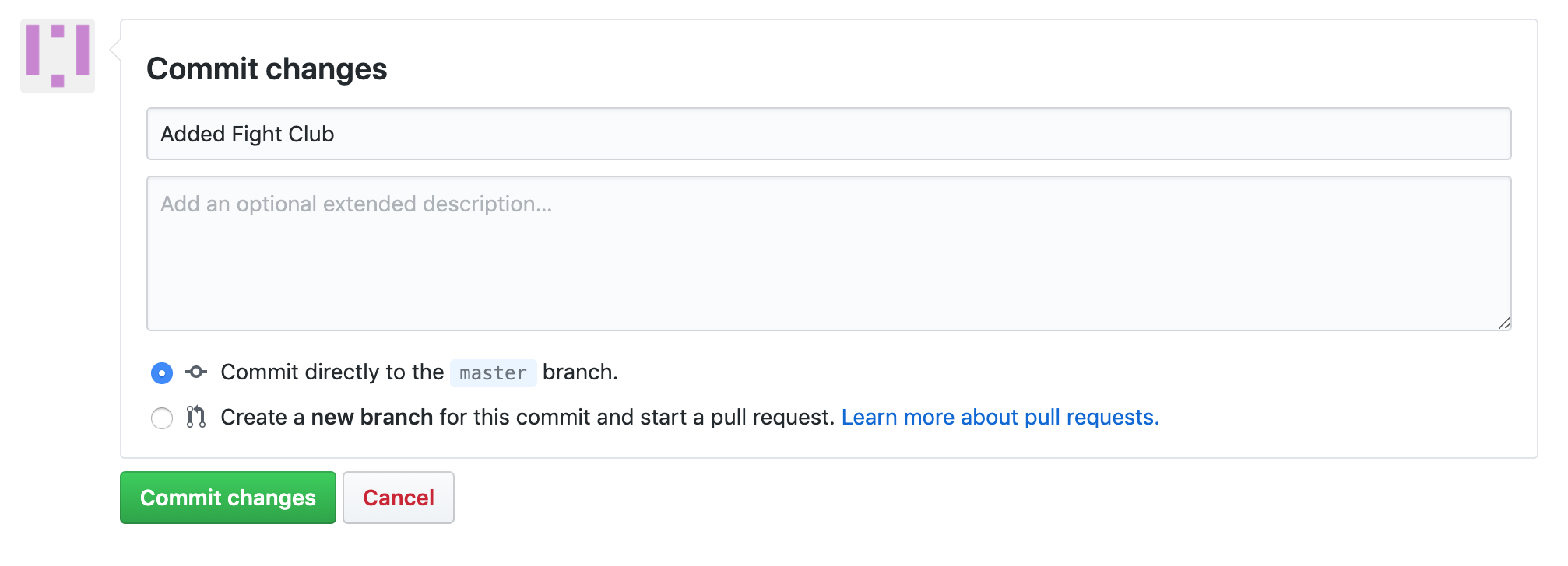 Screenshot of creating a commit message on the Github website