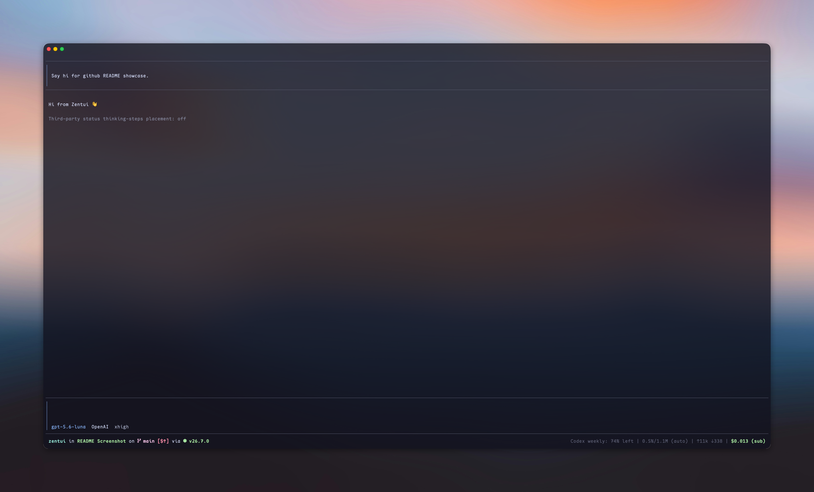 Screenshot of Zentui with a framed user message, spacious Opencode Editor, model metadata, and Starship Footer.