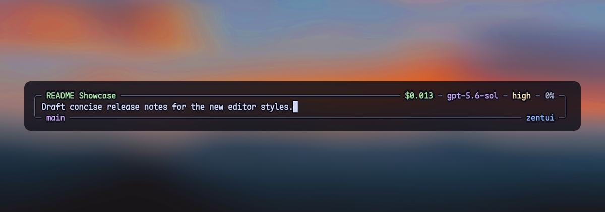 Zentui Minimalist editor with session, cost, model, Git, and path metadata in a rounded frame with the Footer hidden.