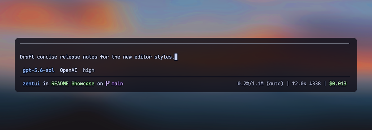 Zentui copy-friendly Opencode editor with model metadata, Nerd Font Git branch, and Starship footer.