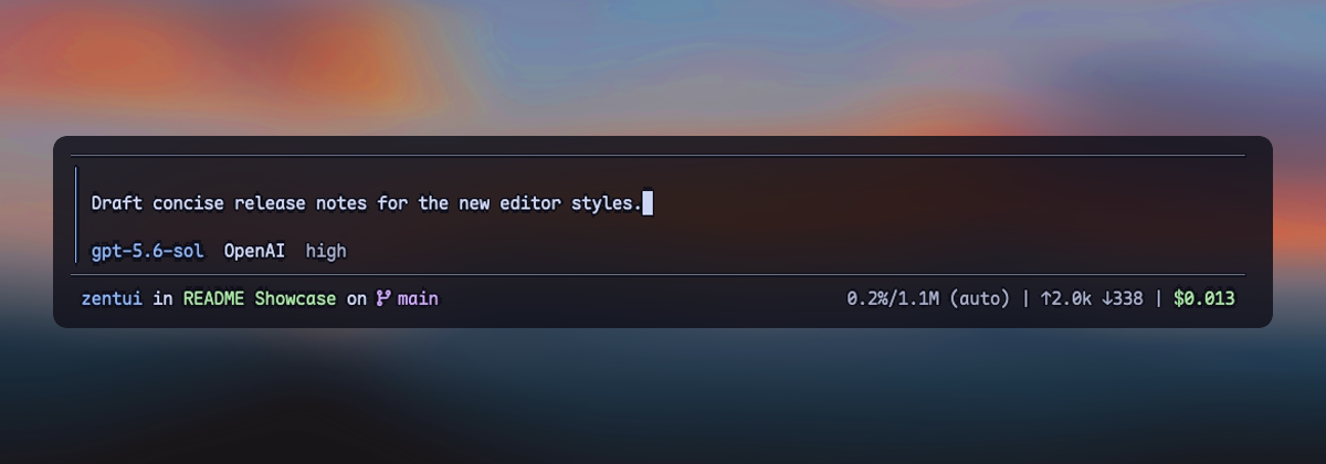 Zentui Opencode editor with an accent rail, model metadata, Nerd Font Git branch, and Starship footer.