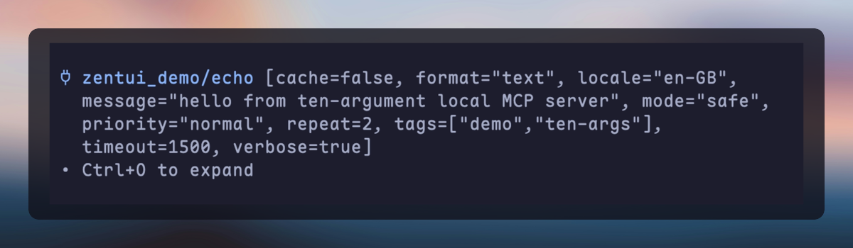 Zentui MCP tool call collapsed, showing the bracketed arguments and Pi's expand hint.