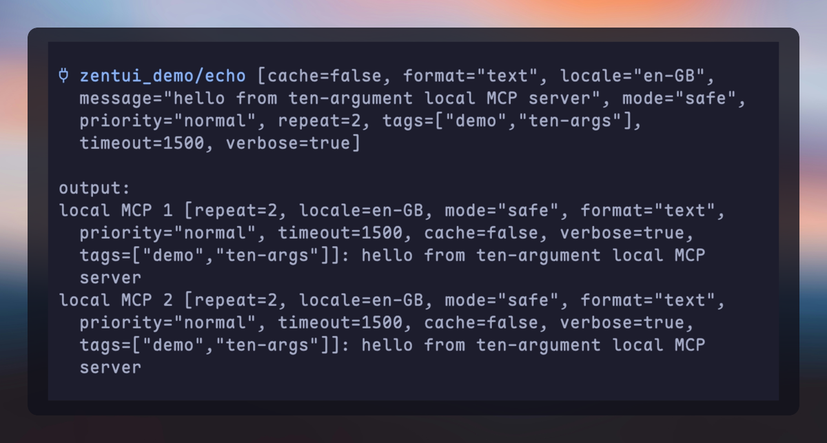 The same Zentui MCP call expanded with Ctrl+O, showing output: followed by each returned result line.