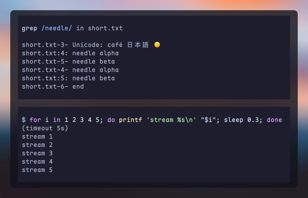 Zentui grep results separated from the call by a blank row, followed by a collapsed Bash command with streamed output.