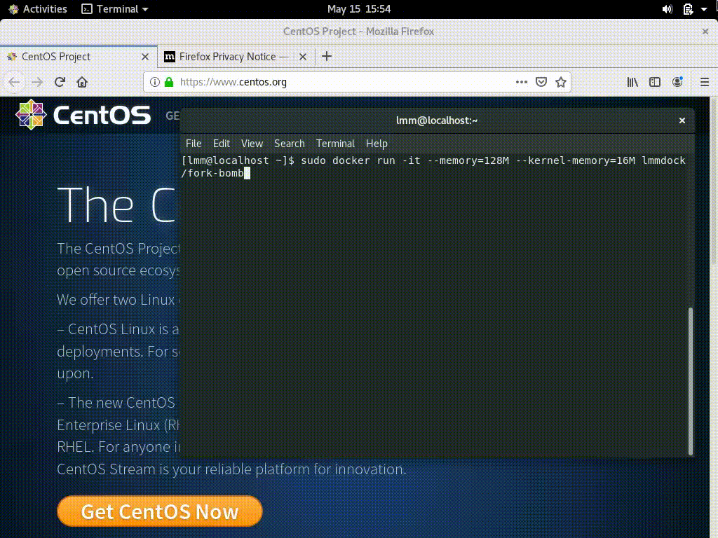 Showcase of a fork-bomb crash on CentOS 8.1