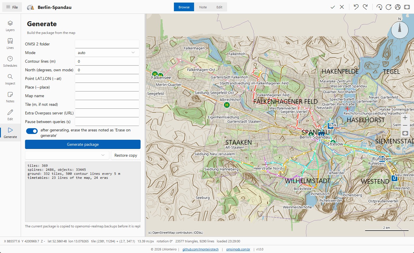 Tela de geração do Map Package Creator com parâmetros para criar um pacote de mapa