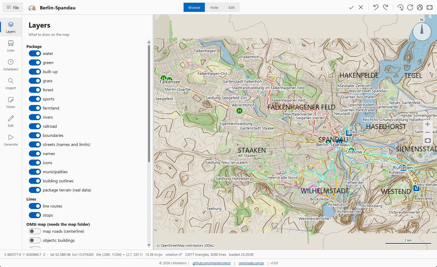 Interface do Map Package Creator com painel de camadas e visualização do pacote de mapa