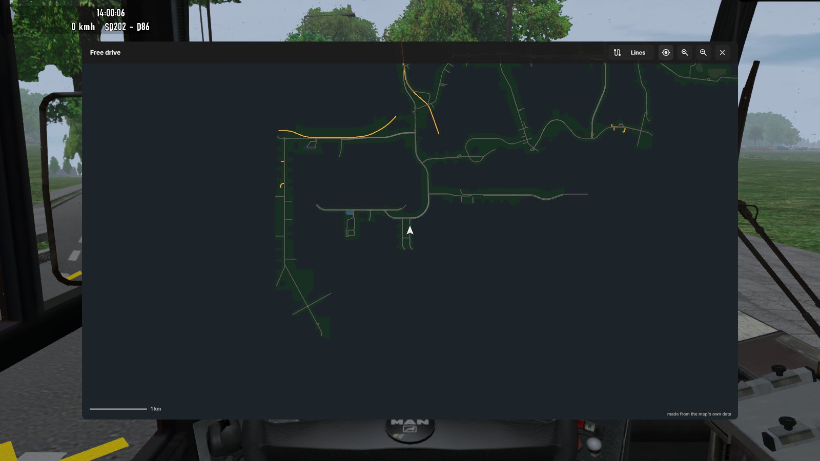 Fikcyjny Szczecin com construções, vegetação e vias representadas no mapa ampliado