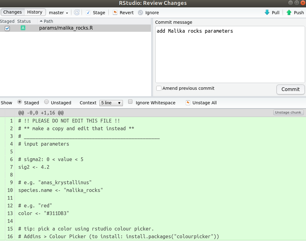 An image showing the selected file on the left and a text box on the right for a Commit message describing the changes made to the file.