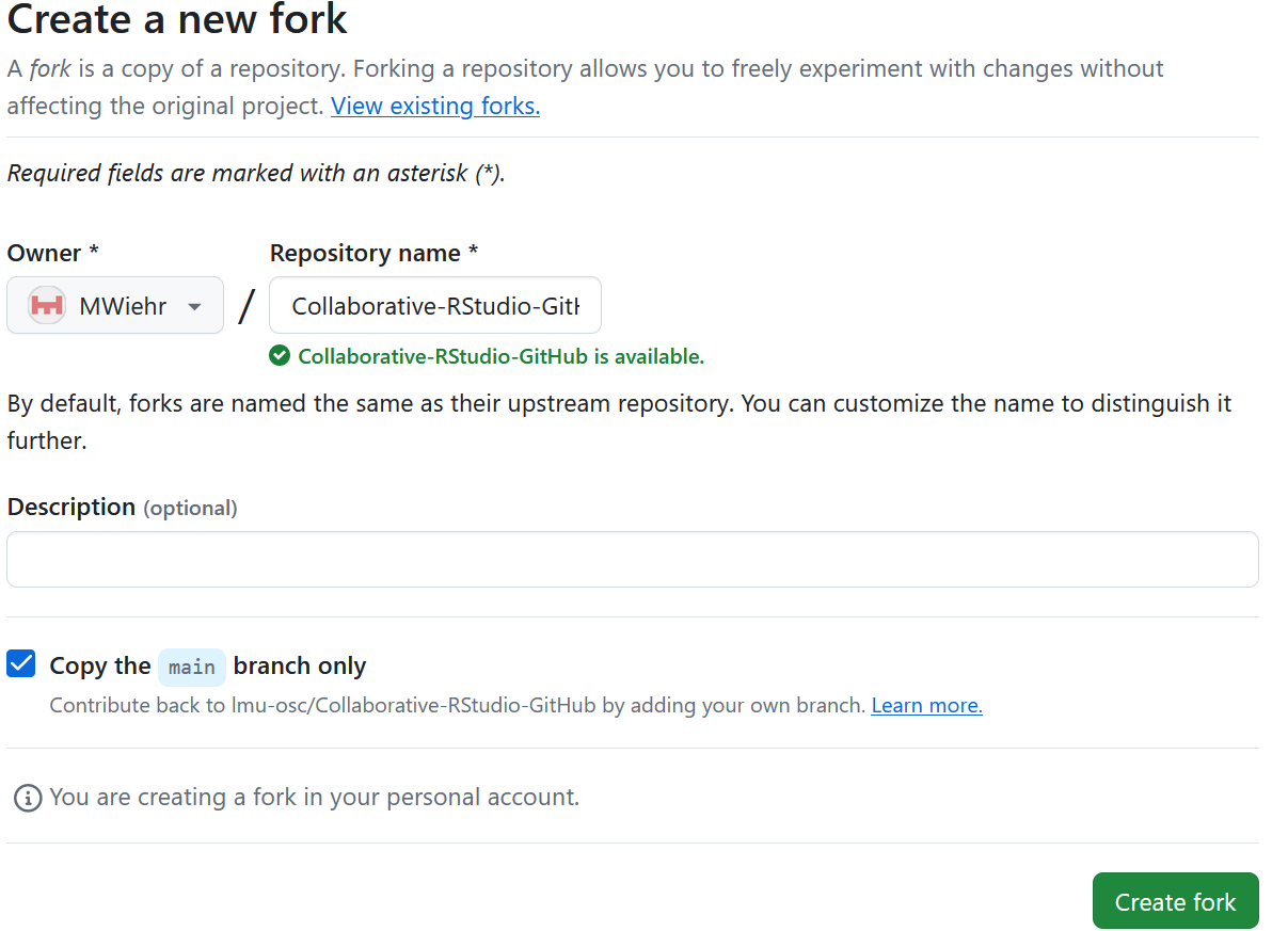 An image showing the next steps after clicking 'Fork' including specifying the owner of the repository, the repository name, adding an optional description and a 'Create fork' button.