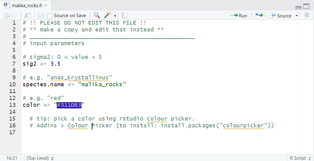 Screenshot of an R script defining parameters for sig2, species.name, and color with the value #311DB3.