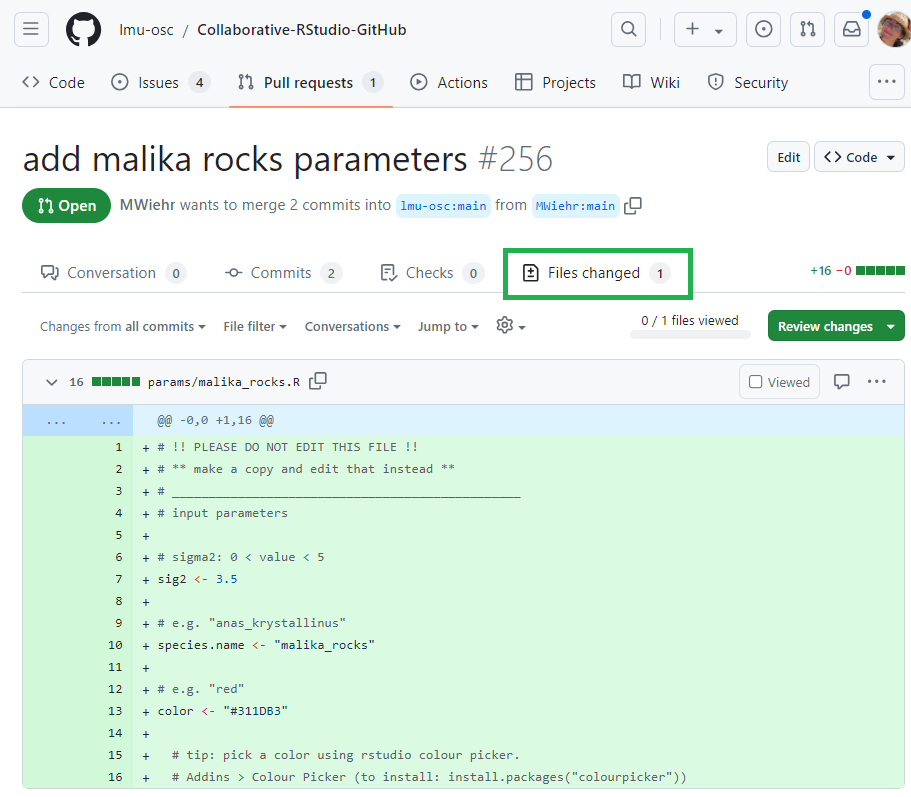 An image of a GitHub pull request showing the ‘Files changed’ tab highlighted and code edits in green.