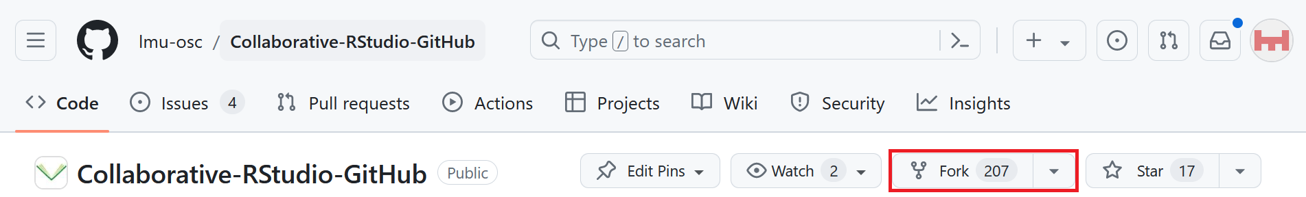 An image highlighting the Fork button on the toolbar in a GitHub repository.