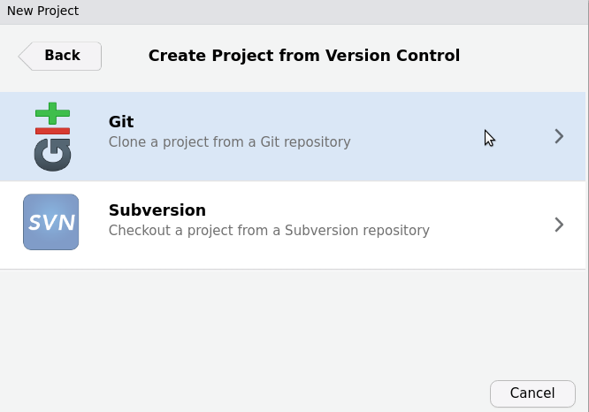 An image with the options 'Git' and 'Subversion' appearing, highlighting 'Git' as the option to proceed with.